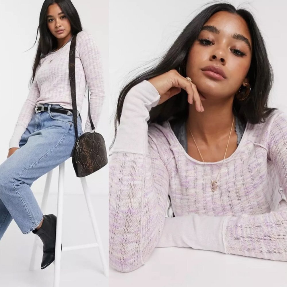 Free People Spaced Out Pink Purple Long Sleeve Sweater ‎ Knit ASOS Thumbholes XL